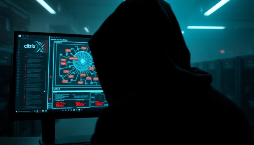 A dark and ominous scene depicting the Citrix Bleed vulnerability. In the foreground, a shadowy hacker figure stares intently at a computer screen, their features obscured by a dark hood. The screen displays a complex network diagram, with red warning indicators flashing ominously. In the middle ground, a Citrix logo looms, its edges fraying and distorted, symbolizing the vulnerability that has been exposed. The background is a hazy, industrial landscape, with the dim glow of servers and the faint hum of machinery adding to the sense of tension and foreboding. The lighting is moody and atmospheric, casting dramatic shadows and highlighting the urgency of the situation. The overall composition conveys the gravity of the Citrix Bleed vulnerability and its potential impact on the targeted organization.