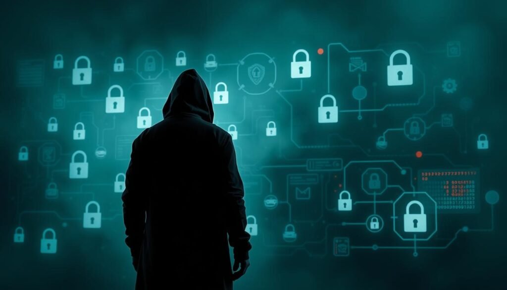 A dark and ominous scene depicting the multifaceted nature of insider threats. In the foreground, a shadowy figure with a hooded cloak stands with their back turned, representing the anonymity and hidden motives of an insider. In the middle ground, various cybersecurity icons and symbols - such as padlocks, network diagrams, and data streams - symbolize the technical aspects of insider threats. The background is shrouded in a hazy, gloomy atmosphere, suggesting the pervasive and difficult-to-detect nature of these threats. Dramatic lighting and a tense, unsettling mood convey the gravity and complexity of understanding insider threats.