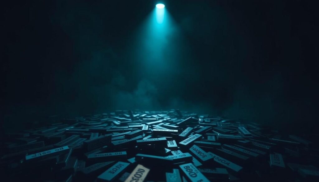 A dark and ominous scene, illuminated by a single beam of light shining down from an unseen source. In the center, an array of credentials - usernames, passwords, and credit card numbers - scattered haphazardly, suggesting a recent breach. The background is shrouded in shadows, hinting at the presence of malicious actors lurking in the digital underworld, ready to exploit these leaked secrets. The mood is one of foreboding and unease, capturing the gravity of the situation and the need for heightened security measures. The camera angle is slightly elevated, creating a sense of distance and detachment, as if observing the scene from the perspective of an unseen observer. A dark and ominous scene, illuminated by a single beam of light shining down from an unseen source. In the center, an array of credentials - usernames, passwords, and credit card numbers - scattered haphazardly, suggesting a recent breach. The background is shrouded in shadows, hinting at the presence of malicious actors lurking in the digital underworld, ready to exploit these leaked secrets. The mood is one of foreboding and unease, capturing the gravity of the situation and the need for heightened security measures. The camera angle is slightly elevated, creating a sense of distance and detachment, as if observing the scene from the perspective of an unseen observer.