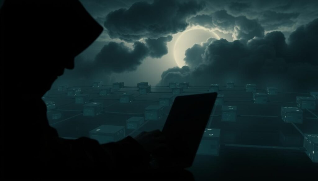 A dark and ominous scene of an ARP spoofing attack unfolding. In the foreground, a shadowy figure operates a laptop, their fingers flying across the keyboard as they orchestrate the attack. The middle ground depicts a network topology, with interconnected devices and servers, all under the threat of the nefarious hacker's machinations. In the background, a looming, foreboding sky casts an eerie glow, emphasizing the gravity of the situation. The lighting is dramatic, with deep shadows and highlights that accentuate the technical details of the devices and the intensity of the hacker's actions. The overall atmosphere conveys a sense of danger, vulnerability, and the need for vigilance against such insidious threats to network security.