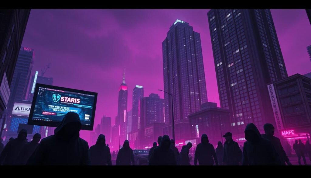 A dark and sinister cyberpunk scene, set in a dystopian cityscape bathed in neon hues. In the foreground, a computer screen displays a malicious advertisement, its glitching and distorted appearance hinting at the malware lurking within. Shadowy figures prowl the streets, their faces obscured, while digital artifacts and corrupted data streams flow through the air, creating an atmosphere of technological unease. Towering skyscrapers loom in the background, their windows like watchful eyes, while the sky is a hazy, ominous blend of purples and blues. The overall mood is one of mystery, danger, and the unseen threats that lie within the digital realm.