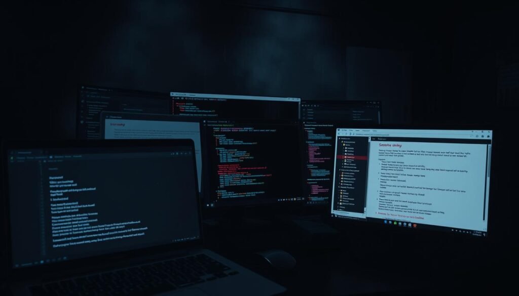 A dark, cluttered computer desktop with multiple windows open, displaying various GUI applications with visible security vulnerabilities. The foreground features a prominent window with a glaring error message, hinting at a system compromise. The middle ground showcases a mix of application interfaces, each exhibiting telltale signs of insecure coding, such as outdated software versions, unpatched vulnerabilities, and exposed sensitive information. The background is shrouded in a gloomy, ominous atmosphere, reinforcing the sense of digital insecurity. Dramatic lighting casts dramatic shadows, emphasizing the severity of the situation. The overall scene conveys a sense of unease and the urgent need for improved security practices.