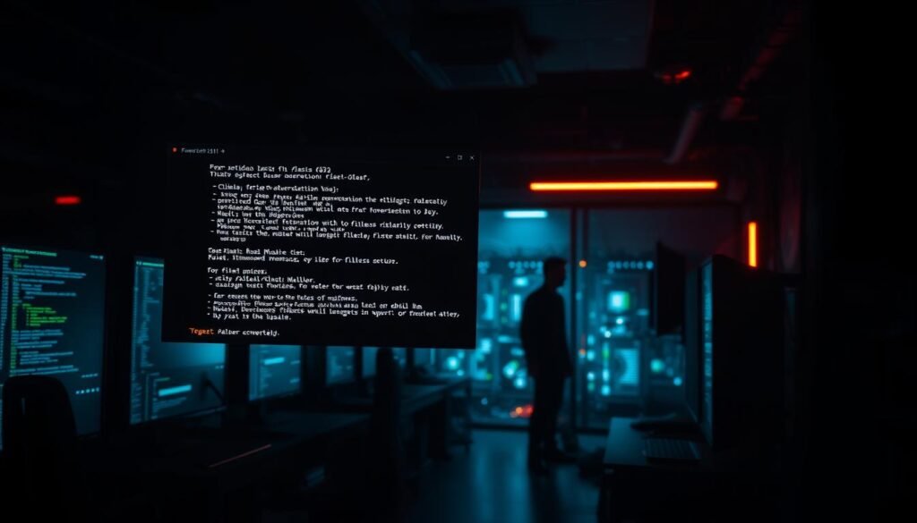 A dark, dimly-lit computer lab, the glow of monitors casting an eerie light. In the foreground, a command prompt window hovers, lines of PowerShell code dancing across the screen, a testament to the insidious nature of fileless malware. The middle ground reveals a sophisticated network of interconnected devices, each a potential target for the malicious code. In the background, a shadowy figure lurks, their presence barely perceptible, orchestrating the unseen attack. The scene exudes a sense of unease, the technicality of the malware juxtaposed with the unseen human element, a chilling reminder of the evolving landscape of cyber threats. A dark, dimly-lit computer lab, the glow of monitors casting an eerie light. In the foreground, a command prompt window hovers, lines of PowerShell code dancing across the screen, a testament to the insidious nature of fileless malware. The middle ground reveals a sophisticated network of interconnected devices, each a potential target for the malicious code. In the background, a shadowy figure lurks, their presence barely perceptible, orchestrating the unseen attack. The scene exudes a sense of unease, the technicality of the malware juxtaposed with the unseen human element, a chilling reminder of the evolving landscape of cyber threats.