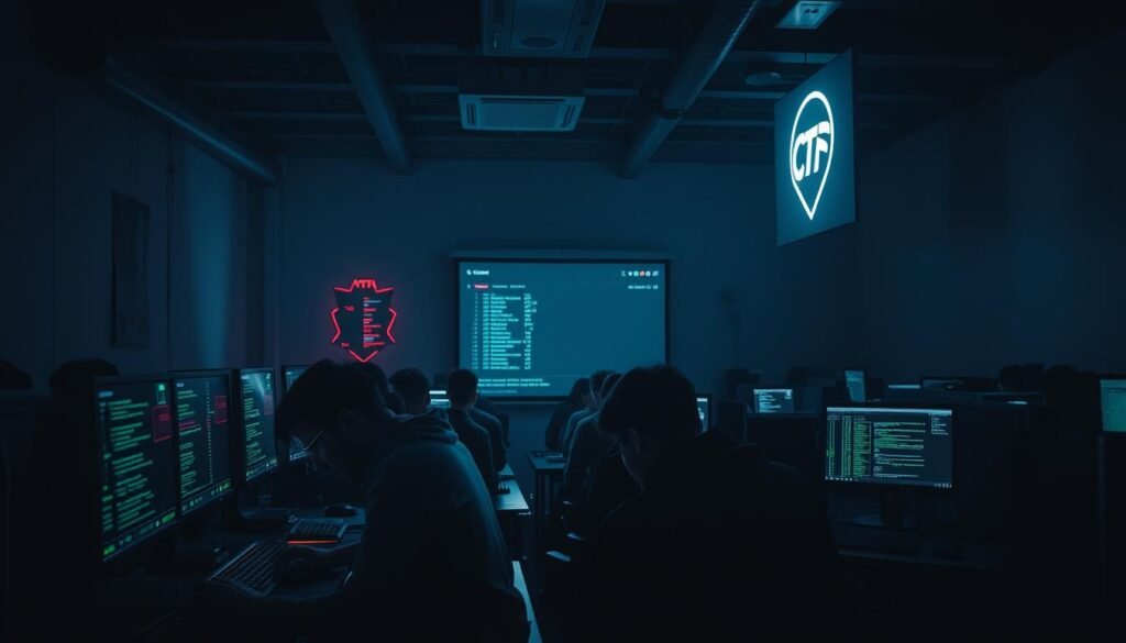 A dark, dimly-lit computer lab, the glow of monitors illuminating intense expressions of hackers hunched over their keyboards. In the foreground, a group of cybersecurity enthusiasts collaborating on a complex Capture the Flag (CTF) challenge, lines of code and cryptic symbols flashing across their screens. In the middle ground, a large projector displays a leaderboard, tracking the progress of teams competing to uncover vulnerabilities and solve intricate puzzles. In the background, a wall-mounted display showcases the event's logo, a minimalist design evoking the essence of hacking - a blend of technology, strategy, and the thrill of the digital hunt. The atmosphere is one of intense focus, camaraderie, and the relentless pursuit of digital mastery. A dark, dimly-lit computer lab, the glow of monitors illuminating intense expressions of hackers hunched over their keyboards. In the foreground, a group of cybersecurity enthusiasts collaborating on a complex Capture the Flag (CTF) challenge, lines of code and cryptic symbols flashing across their screens. In the middle ground, a large projector displays a leaderboard, tracking the progress of teams competing to uncover vulnerabilities and solve intricate puzzles. In the background, a wall-mounted display showcases the event's logo, a minimalist design evoking the essence of hacking - a blend of technology, strategy, and the thrill of the digital hunt. The atmosphere is one of intense focus, camaraderie, and the relentless pursuit of digital mastery.