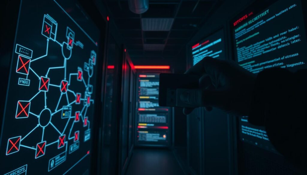 A dark, dimly lit computer server room with shadows creeping in the corners. In the foreground, a hacker's hand inserts a USB drive into an unsuspecting server, exploiting a hidden vulnerability. The middle ground shows a network diagram with interconnected systems, some marked with red "X" symbols, indicating potential backdoor access points. In the background, a large screen displays cryptic code and warnings about system integrity breaches. The atmosphere is tense, conveying the seriousness and potential consequences of these stealthy, malicious attacks. A dark, dimly lit computer server room with shadows creeping in the corners. In the foreground, a hacker's hand inserts a USB drive into an unsuspecting server, exploiting a hidden vulnerability. The middle ground shows a network diagram with interconnected systems, some marked with red "X" symbols, indicating potential backdoor access points. In the background, a large screen displays cryptic code and warnings about system integrity breaches. The atmosphere is tense, conveying the seriousness and potential consequences of these stealthy, malicious attacks.