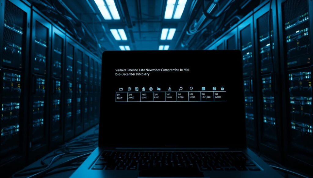 A dark, dimly-lit data center, filled with rows of blinking servers and cables snaking across the floor. In the foreground, a laptop screen displays a timeline of suspicious activity, with timestamps and icons indicating a verified data breach. The room is bathed in an eerie blue glow, casting long shadows and creating a sense of unease. The atmosphere is tense and foreboding, hinting at the gravity of the situation. A close-up shot captures the intensity of the moment, the screen's details sharp and clear, conveying the urgency of the "Verified Timeline: Late November Compromise to Mid-December Discovery" event.