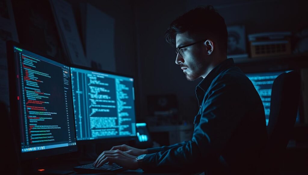 A dark, dimly lit office space with a desktop computer and a security analyst intently examining the screen. Glowing lines of code and data visualizations illuminate the scene, casting a focused and analytical atmosphere. The analyst, clad in a casual yet professional attire, is surrounded by subtle cues of the detection process - windows displaying task manager, network monitoring tools, and file system analysis. The lighting is dramatic, with shadows and highlights accentuating the intensity of the moment. The camera angle is slightly elevated, giving a sense of observation and investigation. The overall mood is one of concentration, determination, and a dedication to uncovering the truth within the digital realm.