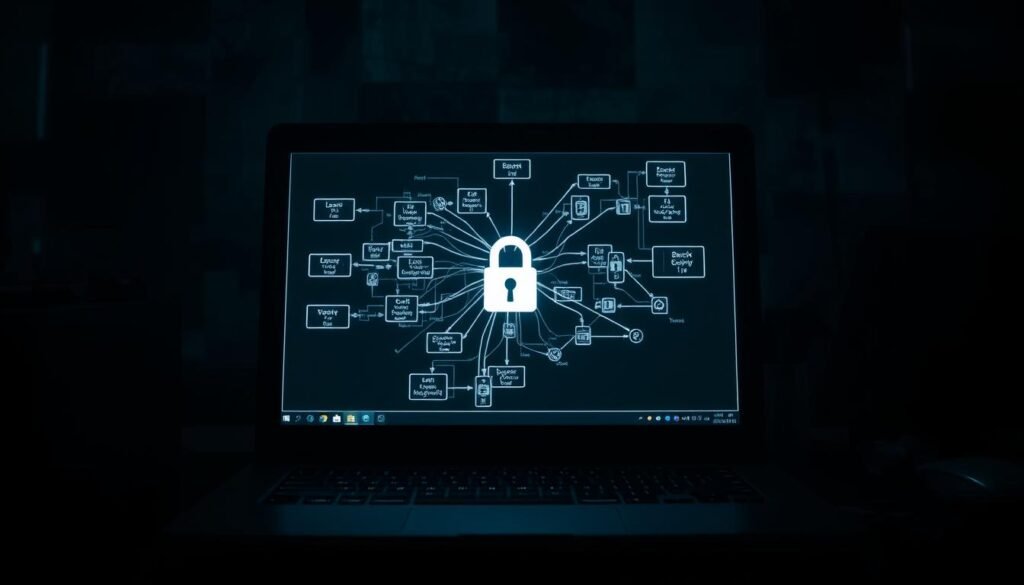 A dark, dimly lit room with a laptop screen displaying a complex network diagram. The screen shows various devices and connections, with a prominent lock icon being stripped away, symbolizing the SSL stripping attack. The background is hazy, casting an ominous, foreboding atmosphere. The lighting is dramatic, with shadows and highlights emphasizing the technical details on the screen. The camera angle is slightly elevated, giving a sense of the attacker's perspective and the seriousness of the situation. The overall mood conveys the vulnerability and risk associated with an SSL stripping attack.