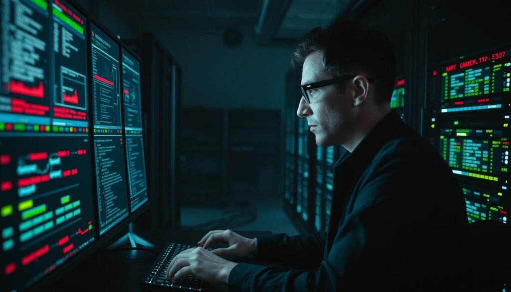 A dark, dimly-lit server room filled with rows of blinking, humming computer racks. In the foreground, a security analyst intently monitors a bank of high-resolution displays, analyzing logs and network traffic for any signs of suspicious activity. The room is bathed in the cool glow of digital displays, casting long shadows and creating an atmosphere of vigilance and focus. The analyst's expression is one of deep concentration, their fingers flying across the keyboard as they investigate potential security breaches. The background is hazy, with a sense of urgency and importance permeating the scene.