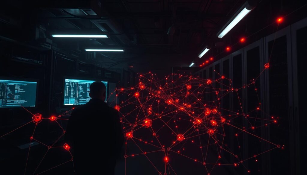 A dark, dimly lit server room, illuminated by the glow of computer screens and blinking network equipment. In the foreground, a complex web of interconnected nodes and lines representing a malware-infected network, pulsing with ominous energy. Shadowy figures and glitching, distorted visuals suggest the presence of malicious activity, while the background features a labyrinth of cables, servers, and security cameras, hinting at the scale and complexity of the threat. The scene conveys a sense of foreboding and the urgent need to understand and mitigate the malware's impact. A dark, dimly lit server room, illuminated by the glow of computer screens and blinking network equipment. In the foreground, a complex web of interconnected nodes and lines representing a malware-infected network, pulsing with ominous energy. Shadowy figures and glitching, distorted visuals suggest the presence of malicious activity, while the background features a labyrinth of cables, servers, and security cameras, hinting at the scale and complexity of the threat. The scene conveys a sense of foreboding and the urgent need to understand and mitigate the malware's impact.