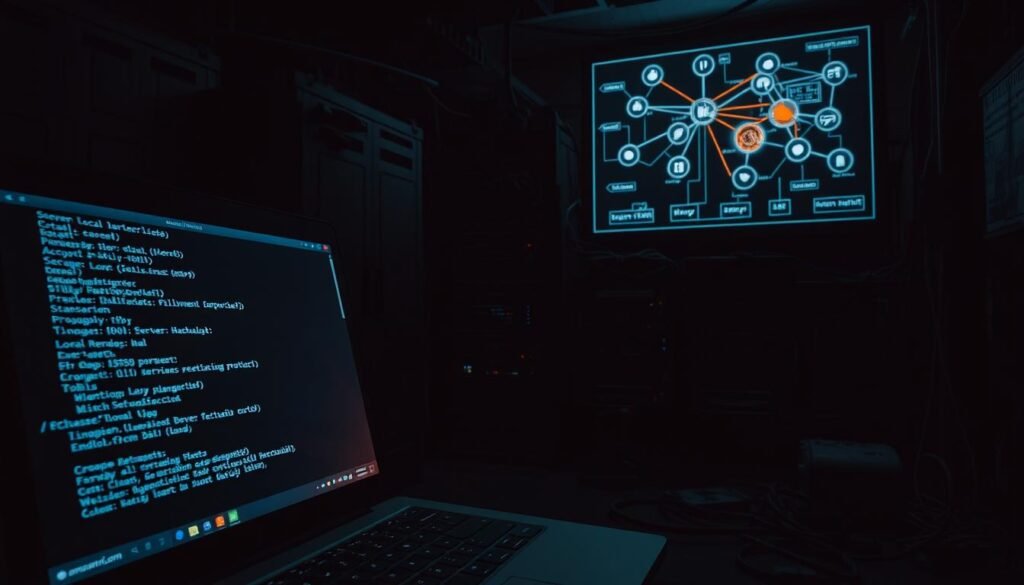 A dark, dimly-lit server room, with outdated equipment and tangled cables. In the foreground, a laptop screen displays a command prompt, showcasing various system configuration settings, hinting at potential vulnerabilities. The middle ground features a rack of unsecured servers, their login screens visible, inviting unauthorized access. In the background, a map of the local network topology is projected onto the wall, highlighting weakly protected endpoints. The overall atmosphere conveys a sense of lax security, leaving the infrastructure exposed to potential exploitation by skilled adversaries.