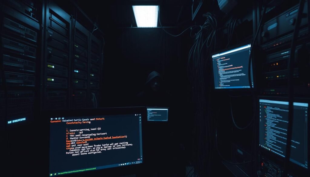 A dark, dimly lit server room, with racks of outdated hardware and tangled cables. In the foreground, a console screen displays error messages and security warnings, hinting at vulnerabilities in the system configuration. The middle ground reveals a hacker's workstation, with various hacking tools and scripts open, suggesting an ongoing intrusion. The background is shrouded in shadows, creating an ominous atmosphere, as if the intruder is hidden, ready to exploit the exposed weaknesses.