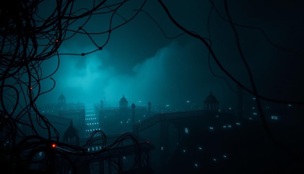 A dark, foreboding landscape of the digital underworld. In the foreground, a tangled web of encrypted connections and anonymous nodes, glowing with an eerie, electric pulse. In the middle ground, a shadowy network of hidden portals and obscured pathways, leading into the depths of the deep web. The background is shrouded in a hazy, indistinct fog, hinting at the vast, unexplored regions of the dark web - a labyrinth of illicit markets, secretive forums, and untraceable activity. Lit by an ominous, dim light, the scene conveys a sense of mystery, danger, and the unseen forces that lurk within the hidden corners of the internet.