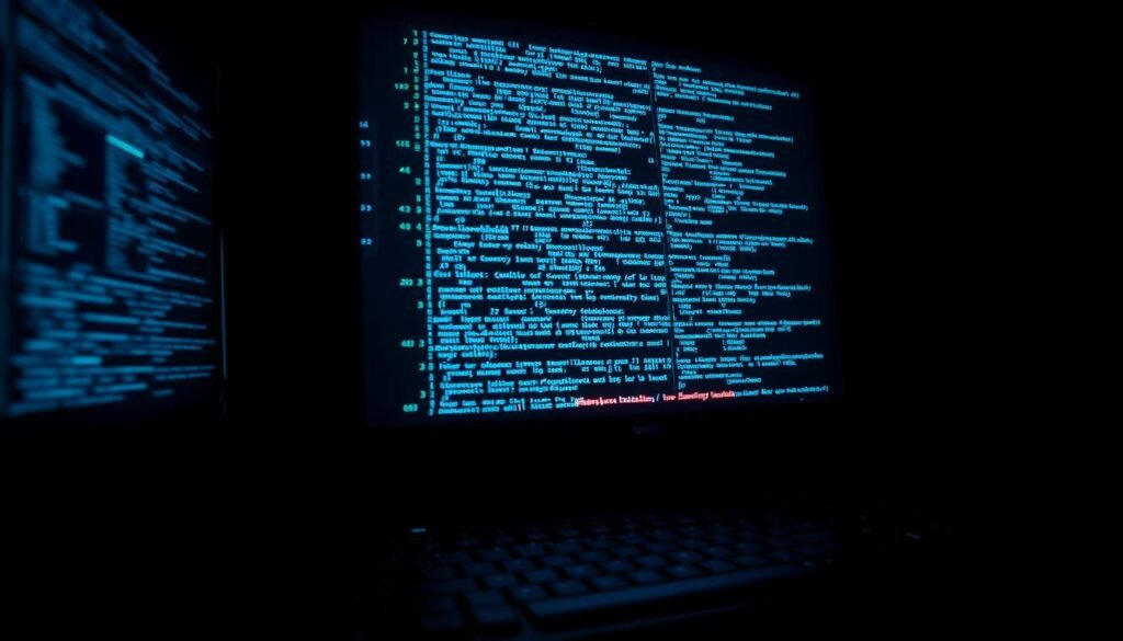 A dark, futuristic computer terminal. The screen displays a complex array of digital code, glowing lines and shapes in shades of blue and green. In the foreground, a single line of code flashes, indicating a critical vulnerability. The lighting is harsh and dramatic, casting deep shadows that convey a sense of danger and urgency. The camera angle is slightly elevated, creating a sense of unease and the feeling that the viewer is peering into a secret, high-stakes operation. The overall atmosphere is tense and foreboding, hinting at the potential consequences of this zero-day exploit.