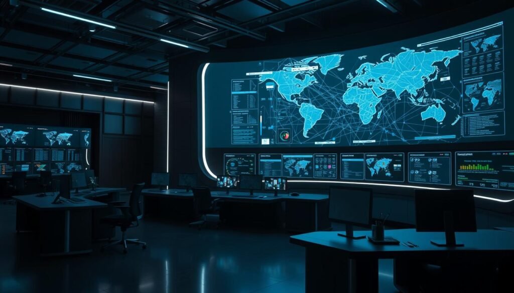 A dark, futuristic control room with a massive, curved display panel dominating the foreground, showcasing a real-time network topology visualization. The display emits a soft, ambient glow, illuminating the sleek, minimalist workstations arranged in a semi-circular layout. In the background, a series of high-resolution security camera feeds and monitoring dashboards provide a comprehensive overview of the network's health and activity. The atmosphere is one of focused intensity, with subtle hues of blue and green reflecting off the polished surfaces, creating a sense of technological sophistication and proactive security.