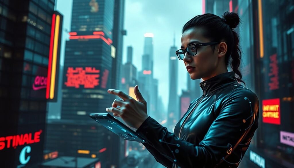 A dark, futuristic cyberpunk cityscape, neon-lit skyscrapers and holographic displays in the background. In the foreground, a determined individual, dressed in a sleek, high-tech outfit, navigates the digital landscape, their hands skillfully interacting with a sleek, transparent touchscreen device. Subtle glowing circuits and data streams flow around them, hinting at their deep understanding of technology and cybersecurity. The scene conveys a sense of empowerment, innovation, and the ability to thrive in the digital world without a traditional degree. A dark, futuristic cyberpunk cityscape, neon-lit skyscrapers and holographic displays in the background. In the foreground, a determined individual, dressed in a sleek, high-tech outfit, navigates the digital landscape, their hands skillfully interacting with a sleek, transparent touchscreen device. Subtle glowing circuits and data streams flow around them, hinting at their deep understanding of technology and cybersecurity. The scene conveys a sense of empowerment, innovation, and the ability to thrive in the digital world without a traditional degree.