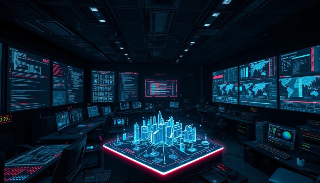 A dark, futuristic cybersecurity command center, dimly lit by a grid of holographic displays. In the foreground, an array of threat hunting tools - network probes, malware analysis sandboxes, and dark web intelligence dashboards. Floating 3D models of network topologies, data flow diagrams, and threat actor profiles in the middle ground. In the background, a massive video wall shows live feeds from global honeypots and SIEM alerts. An atmosphere of vigilance and technological prowess, as analysts meticulously comb through mountains of security telemetry.