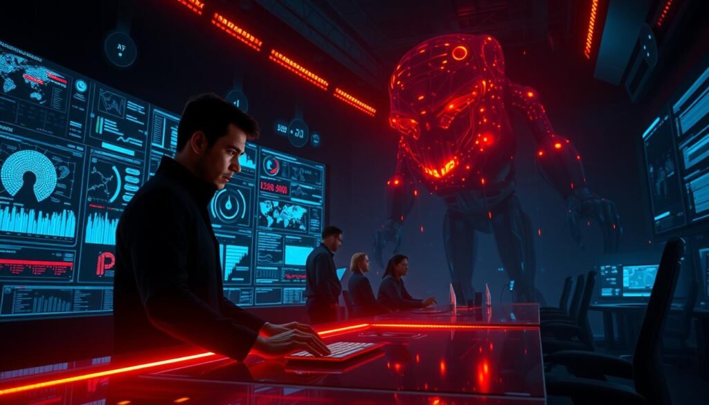 A dark, futuristic cybersecurity control room, with a massive holographic display showcasing complex data visualizations and real-time threat monitoring. In the foreground, a determined-looking security analyst, silhouetted against the glow of the screens, their hands poised over a sleek, high-tech workstation. The middle ground features a team of cybersecurity experts, their faces illuminated by the ambient light, collaborating intensely as they analyze incoming data. In the background, a looming, ominous presence of an AI-powered security system, its algorithms and neural networks pulsing with energy, ready to defend against the ever-evolving threats of the digital landscape. The scene conveys a sense of urgency, vigilance, and the critical role of AI in modern cybersecurity.