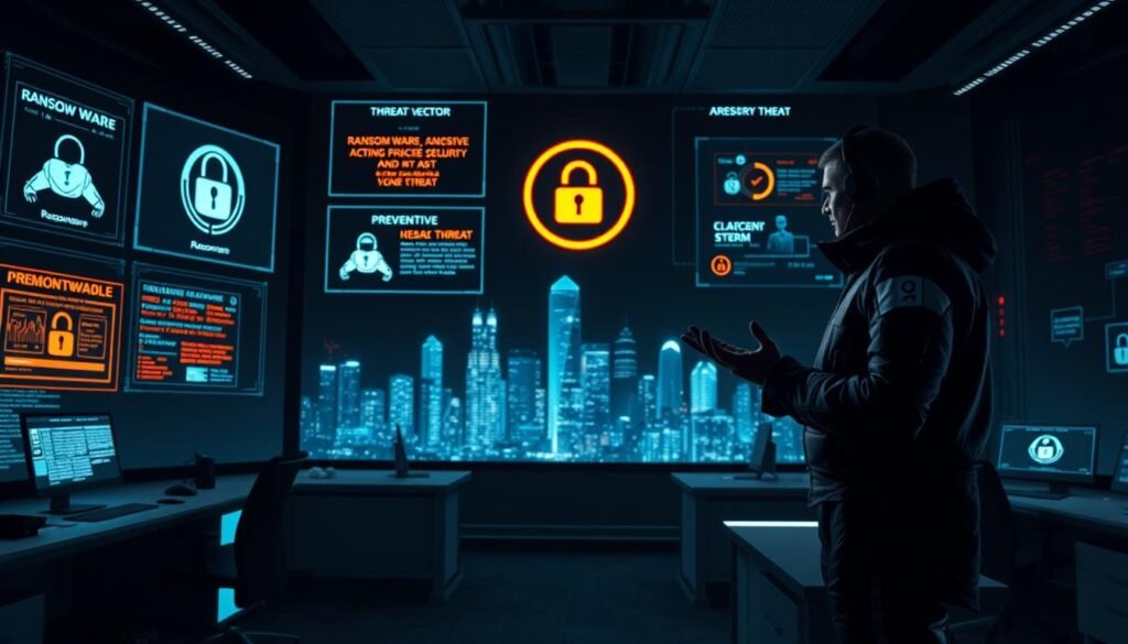 A dark, futuristic cybersecurity control room with holographic displays showcasing various ransomware threat vectors and preventive measures. In the foreground, a cybersecurity expert in a sleek, high-tech uniform stands vigilantly, gesturing towards the displays. The middle ground features sleek, minimalist workstations with analysts monitoring security feeds. The background depicts a stylized, neon-lit cityscape, symbolizing the digital landscape under threat. Moody lighting casts dramatic shadows, heightening the sense of urgency and importance of the preventive measures being taken. The overall scene conveys a sense of proactive, data-driven defense against the looming ransomware menace. A dark, futuristic cybersecurity control room with holographic displays showcasing various ransomware threat vectors and preventive measures. In the foreground, a cybersecurity expert in a sleek, high-tech uniform stands vigilantly, gesturing towards the displays. The middle ground features sleek, minimalist workstations with analysts monitoring security feeds. The background depicts a stylized, neon-lit cityscape, symbolizing the digital landscape under threat. Moody lighting casts dramatic shadows, heightening the sense of urgency and importance of the preventive measures being taken. The overall scene conveys a sense of proactive, data-driven defense against the looming ransomware menace.