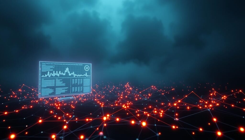 A dark, futuristic cybersecurity landscape, with a stylized data network visualized in the foreground. Glowing nodes and lines representing network traffic, pulsing and interconnected. In the middle ground, a large, holographic display shows anomalous activity, with spikes and fluctuations in the data flow. The background is hazy, with a sense of foreboding, as if a potential threat looms. Dramatic lighting casts sharp shadows, creating a sense of tension and urgency. The overall mood is one of heightened vigilance, where the detection of anomalies is a crucial defense against unseen dangers. A dark, futuristic cybersecurity landscape, with a stylized data network visualized in the foreground. Glowing nodes and lines representing network traffic, pulsing and interconnected. In the middle ground, a large, holographic display shows anomalous activity, with spikes and fluctuations in the data flow. The background is hazy, with a sense of foreboding, as if a potential threat looms. Dramatic lighting casts sharp shadows, creating a sense of tension and urgency. The overall mood is one of heightened vigilance, where the detection of anomalies is a crucial defense against unseen dangers.
