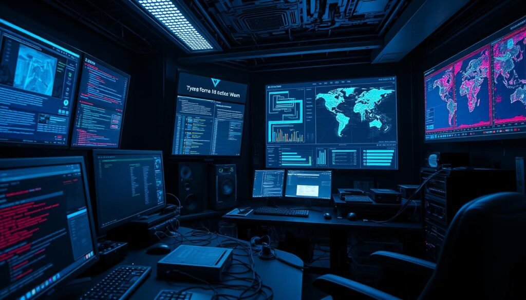 A dark, futuristic cybersecurity workspace. In the foreground, an array of detection tools - monitors displaying network traffic, security dashboards, and intrusion detection systems. The middle ground features a desk with a powerful workstation, cables, and various hardware devices. In the background, a wall-mounted display shows a real-time heatmap of threats and vulnerabilities. Moody, blue-tinted lighting creates an intense, high-tech atmosphere, while the angled, cinematic composition conveys a sense of vigilance and urgency.