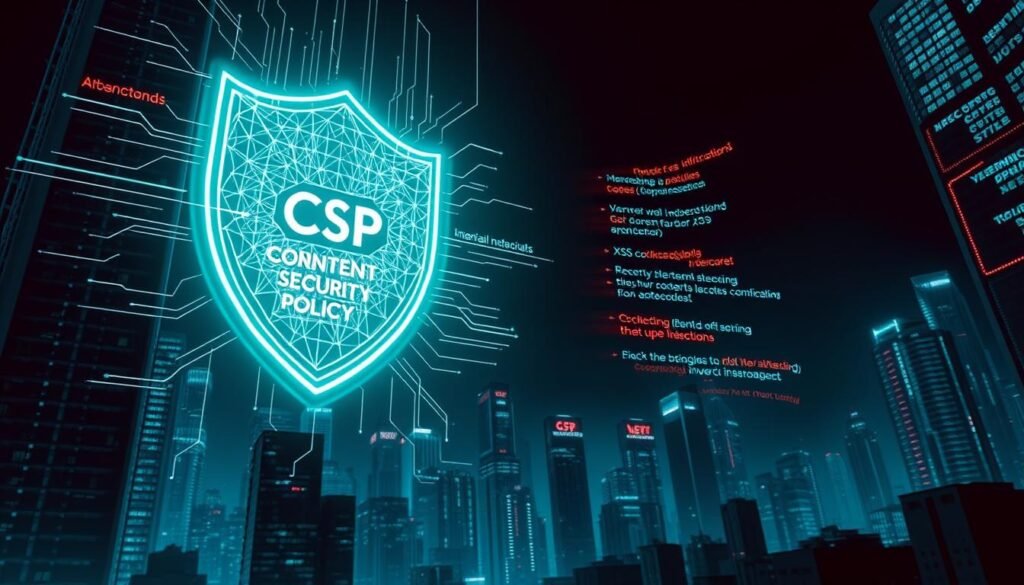 A dark, futuristic digital cityscape, with towering skyscrapers and a looming cybersecurity threat in the foreground. In the center, a glowing, holographic representation of a Content Security Policy (CSP) acts as a protective shield, deflecting a barrage of malicious web attacks, including XSS, clickjacking, and data injection. The cityscape is bathed in a cool, teal-hued lighting, creating a sense of technological sophistication and tension. The scene is shot from a low angle, emphasizing the scale and power of the CSP defense system, which appears sleek and advanced, with intricate, geometric patterns pulsing across its surface.