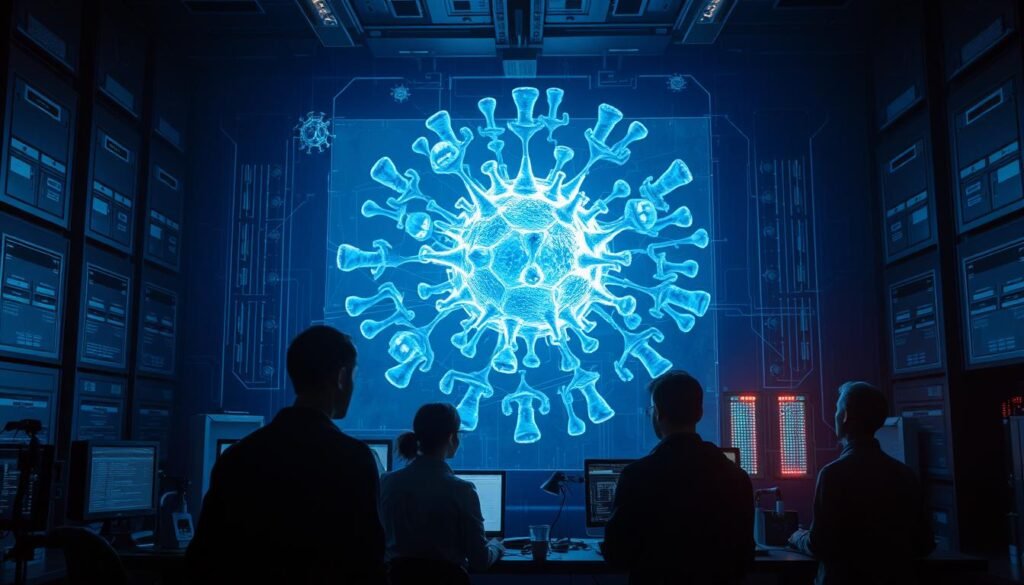 A dark, futuristic laboratory setting with a complex, polymorphic virus simulation displayed on a large, holographic screen. The virus appears as a shifting, ever-changing shape, evading detection by traditional security measures. In the foreground, a team of cybersecurity experts analyze the virus, their expressions intense as they work to develop countermeasures. Dramatic lighting casts shadows across the scene, creating a sense of tension and the weight of the challenge. The room is filled with the glow of advanced technology, hinting at the advanced, cutting-edge nature of the task at hand.