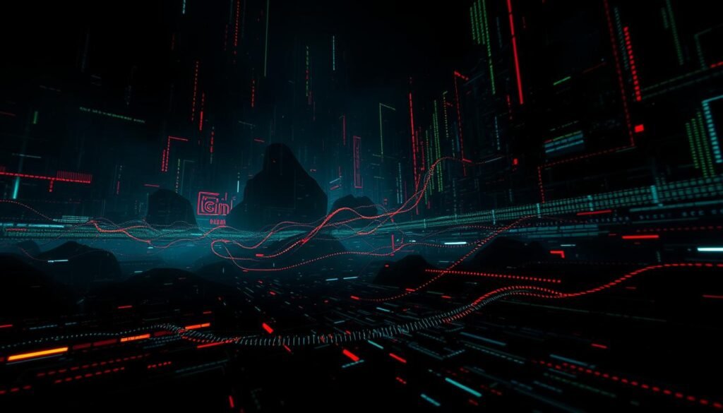 A dark, glitching digital landscape with abstract, ever-changing shapes and patterns that morph and twist, conveying the elusive and adaptive nature of polymorphic malware. Pulsing lines of code and streams of garbled data weave through the scene, hinting at the complex, shape-shifting algorithms that evade detection. Intense, moody lighting casts dramatic shadows, creating an atmosphere of unease and foreboding. The camera angle is slightly unsettling, providing an uneasy, off-kilter perspective that mirrors the unpredictable behavior of the malware. An ominous sense of technological chaos permeates the image, reflecting the challenges of protecting against such a formidable cyber threat.