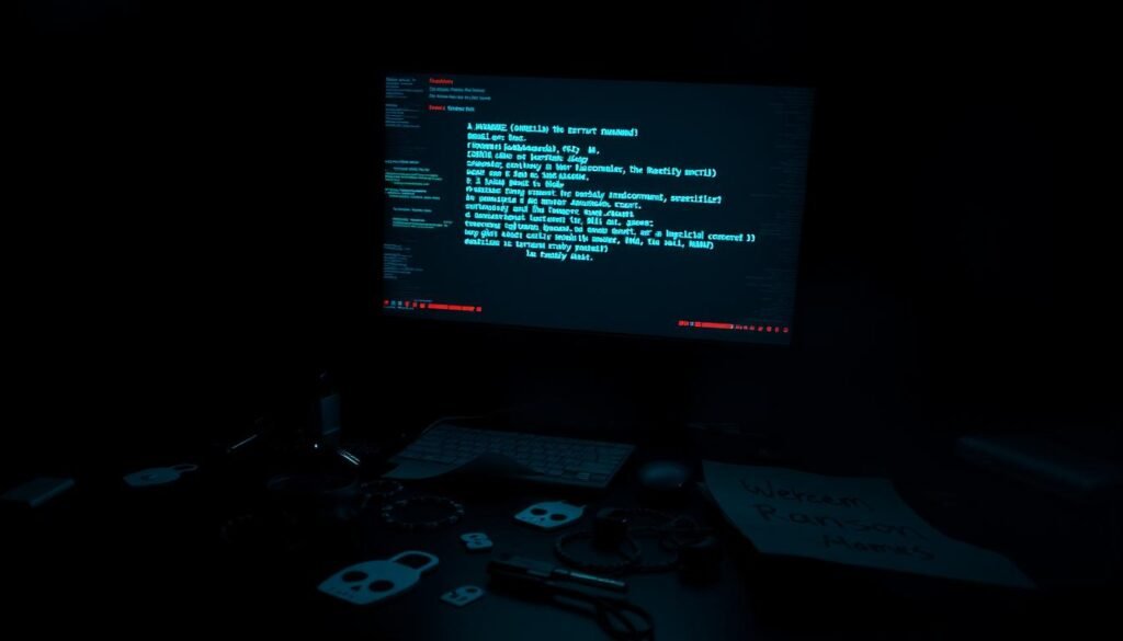 A dark, gloomy computer desktop littered with warning signs of a ransomware attack. In the foreground, a glitch-distorted, pulsing error message on the screen, conveying a sense of urgency and impending doom. Scattered across the desktop, various disturbing icons and symbols associated with ransomware - a locked padlock, a sinister-looking skull, and a ransom note scrawled in a menacing font. The lighting is harsh, creating deep shadows and a sense of foreboding. The overall atmosphere is one of dread and unease, capturing the early signs of a devastating cyber threat. A dark, gloomy computer desktop littered with warning signs of a ransomware attack. In the foreground, a glitch-distorted, pulsing error message on the screen, conveying a sense of urgency and impending doom. Scattered across the desktop, various disturbing icons and symbols associated with ransomware - a locked padlock, a sinister-looking skull, and a ransom note scrawled in a menacing font. The lighting is harsh, creating deep shadows and a sense of foreboding. The overall atmosphere is one of dread and unease, capturing the early signs of a devastating cyber threat.
