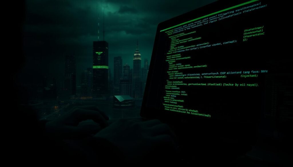 A dark, gloomy computer desktop screen, dimly lit by an ominous green glow. In the foreground, a hacker's hand types rapidly on a sleek black keyboard, lines of complex code cascading across the display. In the middle ground, the website's database is visually represented as a tangled web of data streams, corrupted and distorted by the SQL injection attack. The background depicts a shadowy, foreboding cityscape, symbolizing the far-reaching consequences of this digital intrusion. The overall atmosphere conveys a sense of digital chaos, vulnerability, and the grave impact of this cybersecurity breach.