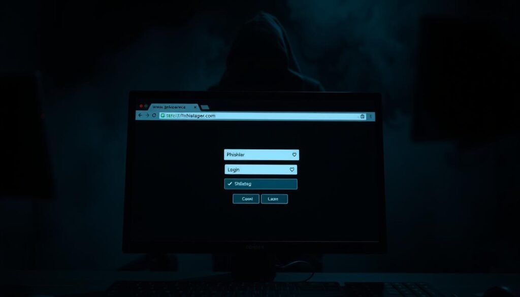A dark, gloomy computer screen depicting a phishing attempt. In the foreground, a realistic-looking login page for a popular online service, with a subtle deceptive URL in the address bar. The middle ground features a shadowy figure lurking behind the screen, symbolizing the malicious hacker orchestrating the attack. The background is shrouded in a hazy, ominous atmosphere, conveying the sinister nature of the phishing scheme. Dramatic lighting casts dramatic shadows, creating a sense of unease and tension. The overall scene evokes the vulnerable position of the user, highlighting how even sophisticated security measures like 2FA can be circumvented by determined cybercriminals.