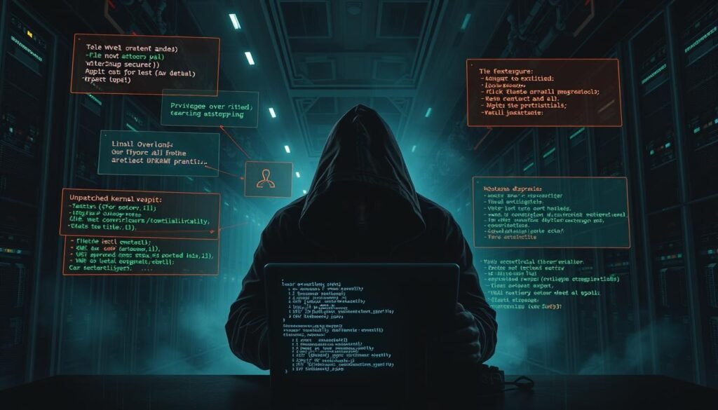 A dark, gritty cyberpunk scene depicting common Linux privilege escalation techniques. In the foreground, a hooded figure hunches over a laptop, lines of code cascading across the screen. Surrounding them, various exploits and attack vectors materialize - a buffer overflow vulnerability, an insecure file permission, an unpatched kernel exploit. The middle ground is shrouded in an eerie, neon-tinged haze, while the background is a maze of shadowy servers and network infrastructure. The overall atmosphere is one of tension and danger, conveying the seriousness of these security threats. A dark, gritty cyberpunk scene depicting common Linux privilege escalation techniques. In the foreground, a hooded figure hunches over a laptop, lines of code cascading across the screen. Surrounding them, various exploits and attack vectors materialize - a buffer overflow vulnerability, an insecure file permission, an unpatched kernel exploit. The middle ground is shrouded in an eerie, neon-tinged haze, while the background is a maze of shadowy servers and network infrastructure. The overall atmosphere is one of tension and danger, conveying the seriousness of these security threats.