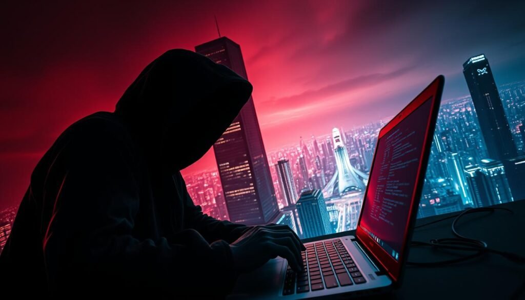 A dark, gritty cyberpunk scene depicting privilege escalation. In the foreground, a hooded figure hunched over a laptop, fingers flying across the keyboard, digital code cascading across the screen. In the middle ground, a shadowy corporate tower looming, its windows glowing with an ominous light. In the background, a sprawling, neon-lit cityscape, skyscrapers and holograms stretching to the horizon. The atmosphere is tense, the lighting harsh and moody, conveying the high-stakes world of cyber warfare. The camera angle is low, creating a sense of tension and vulnerability. The overall mood is one of power, control, and the dangerous dance of hacking and privilege escalation.