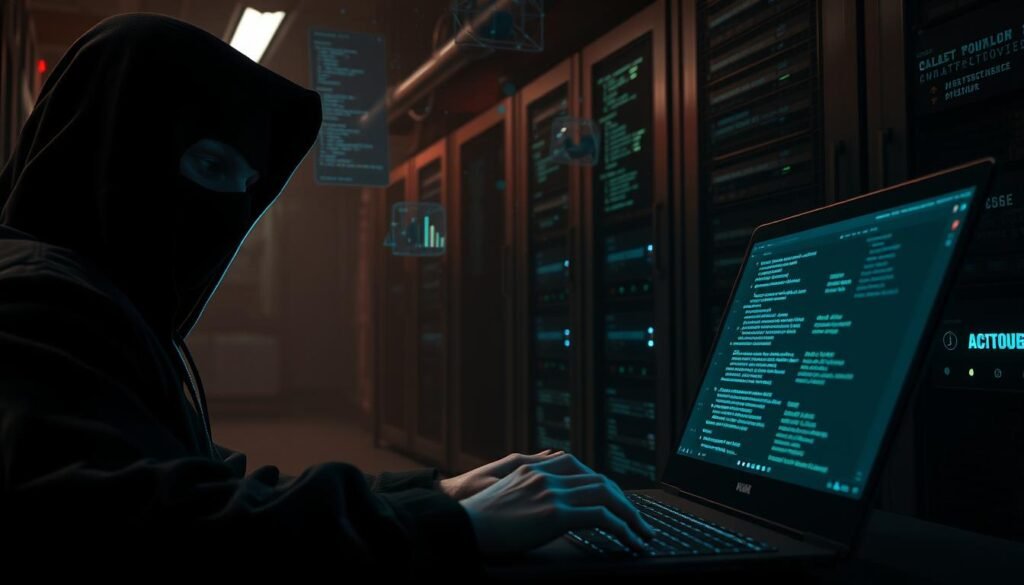 A dark, gritty scene depicting an initial access authentication attack on a web application. In the foreground, a hooded figure with glowing digital eyes stares intently at a glowing laptop screen, fingers tapping away at the keyboard. In the middle ground, cascading lines of code and 3D-rendered data visualizations float in the air, hinting at the complex technical nature of the attack. In the background, a dimly lit server room shrouded in shadows, with racks of hardware silently processing the onslaught. The atmosphere is tense, with a sense of urgency and high-stakes as the hacker probes for vulnerabilities to gain unauthorized access.