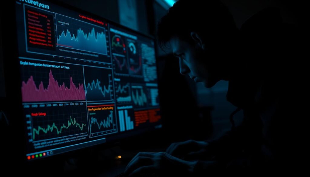 A dark, gritty scene showcasing the detection of cryptojacking malware. In the foreground, a computer monitor displays graphs and charts showing CPU/GPU usage spikes, system temperature warnings, and suspicious network activity. Amid the flickering blue-green display, a human silhouette leans intently, brow furrowed in concentration, hands poised over a keyboard. The background is shrouded in ominous shadows, creating a sense of unease and the need to uncover the hidden threat. Dramatic lighting casts sharp contrasts, emphasizing the gravity of the situation. The overall atmosphere conveys the urgency and importance of identifying and stopping this insidious, resource-draining malware.