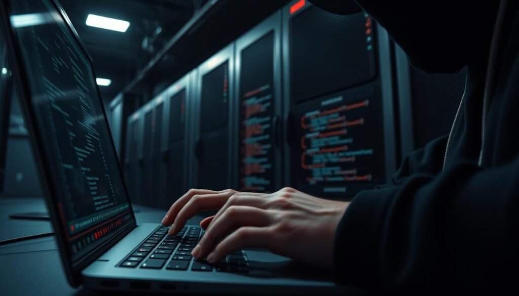 A dark, gritty web application penetration testing scenario, shot with a low-angle perspective to convey the tense, high-stakes nature of the red team operation. In the foreground, a hacker's laptop screen displays complex code and network diagrams, their hands poised over the keyboard in intense focus. Behind them, a blurred backdrop of a nondescript server room, with dim, dramatic lighting casting long shadows and creating an ominous atmosphere. The whole scene exudes a sense of technical expertise, calculated risk, and the high-pressure challenge of breaching a robust web application defense.