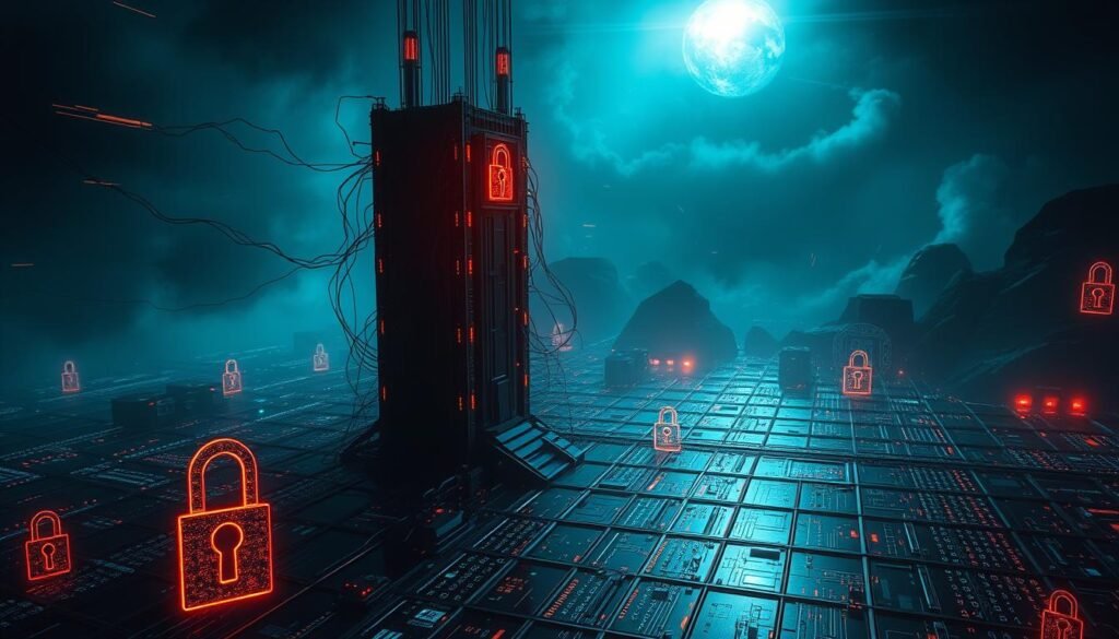 A dark, high-tech digital landscape with a towering central data encryption node. In the foreground, geometric lock icons and swirling data streams represent the secure encryption process. The middle ground features a grid of binary code and cryptographic algorithms, while the background is shrouded in an ominous, glowing cyberpunk atmosphere. Dramatic cinematic lighting from various angles creates depth and drama, emphasizing the importance and complexity of data encryption.