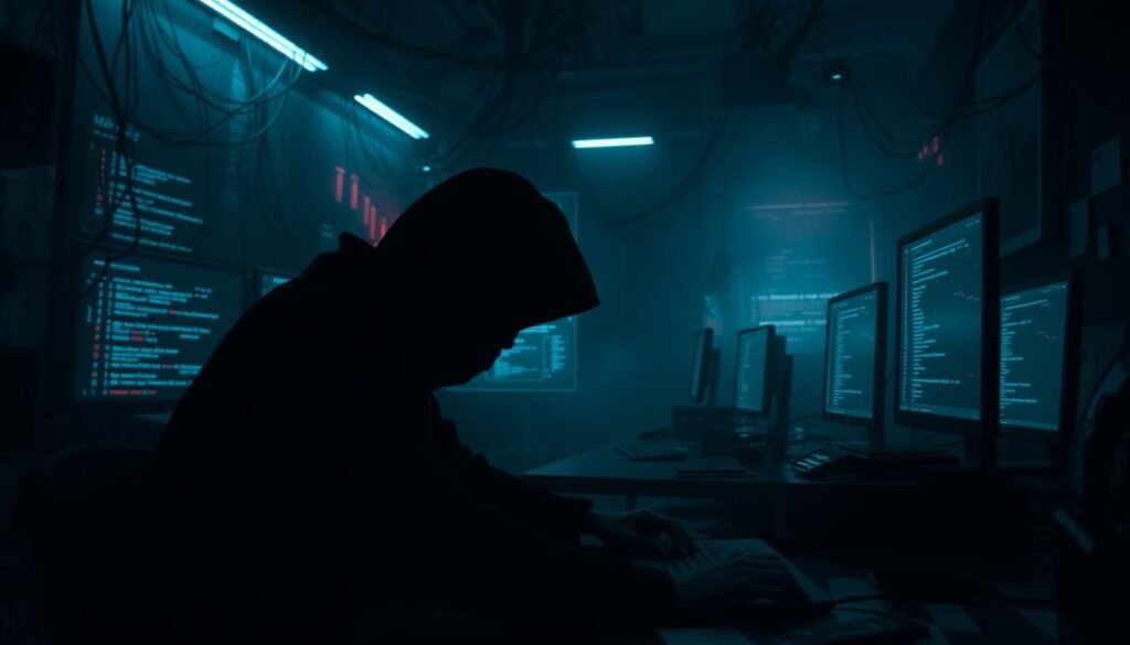 A dark, high-tech office setting with an ominous atmosphere. In the foreground, a shadowy figure hunched over a laptop, fingers dancing across the keyboard as they manipulate data. The middle ground reveals a tangle of wires and screens displaying cryptic code, hinting at the intricate web of digital deception. The background is shrouded in a hazy, neon-tinged glow, suggesting the omnipresence of technology in modern life and the ever-evolving nature of social engineering threats. Dramatic chiaroscuro lighting accentuates the sense of tension and the illicit nature of the activities unfolding. The entire scene conveys the sophisticated, insidious, and pervasive nature of social engineering attacks in the digital age.