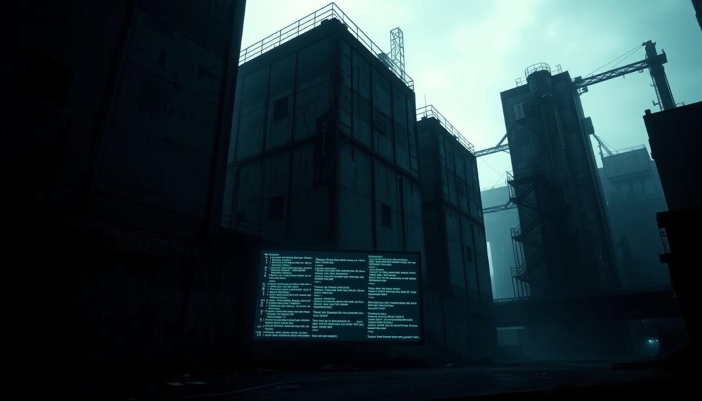 A dark, industrial landscape with towering concrete buildings, their walls scarred by the passage of time. In the foreground, a trio of digital displays flicker with lines of code, hinting at the hidden vulnerabilities that lurk within. Shadows cast by the buildings create a sense of unease, as if the zero-day exploits are ever-present, waiting to be uncovered. The lighting is harsh, casting dramatic shadows that accentuate the gritty, cyberpunk atmosphere. The camera angle is slightly low, emphasizing the imposing scale of the structures and the sense of danger that pervades the scene. The overall mood is one of tension and foreboding, reflecting the treacherous nature of the real-world zero-day examples that mirror the attack path described in the article.
