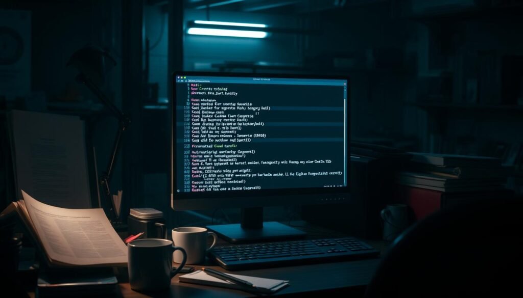 A dark, industrial office setting with a desktop computer and a terminal window displaying cron job scheduling commands. Dim, moody lighting casts long shadows, creating a sense of focus and concentration. The screen displays a crontab editor interface, with lines of configuration code detailing the automated task schedules. The desk is cluttered with technical manuals, coffee mugs, and other office paraphernalia, hinting at the hands-on work of system administration. The overall atmosphere evokes the precise, methodical nature of automating security updates through scheduled cron jobs. A dark, industrial office setting with a desktop computer and a terminal window displaying cron job scheduling commands. Dim, moody lighting casts long shadows, creating a sense of focus and concentration. The screen displays a crontab editor interface, with lines of configuration code detailing the automated task schedules. The desk is cluttered with technical manuals, coffee mugs, and other office paraphernalia, hinting at the hands-on work of system administration. The overall atmosphere evokes the precise, methodical nature of automating security updates through scheduled cron jobs.
