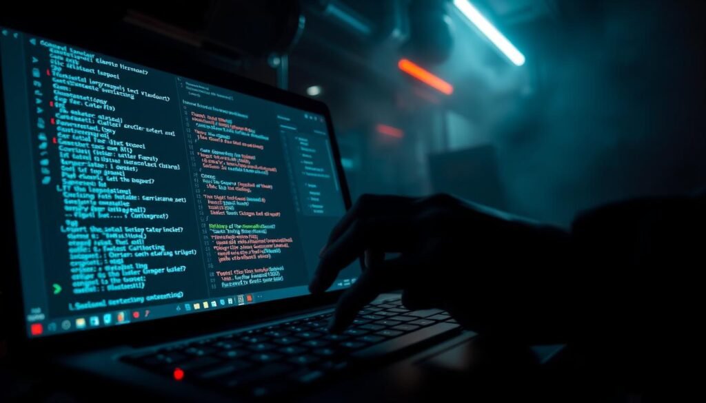 A dark, industrial setting with a computer monitor displaying various command line prompts and code snippets. In the foreground, a hacker's hands typing furiously on a keyboard, casting an ominous shadow. The background is hazy with a dim, neon-lit atmosphere, suggesting a clandestine, illicit environment. The lighting is dramatic, with high contrast and deep shadows, emphasizing the tension and danger of the scene. The overall mood is one of suspense, techno-thriller, and the unsettling power of command injection vulnerabilities.