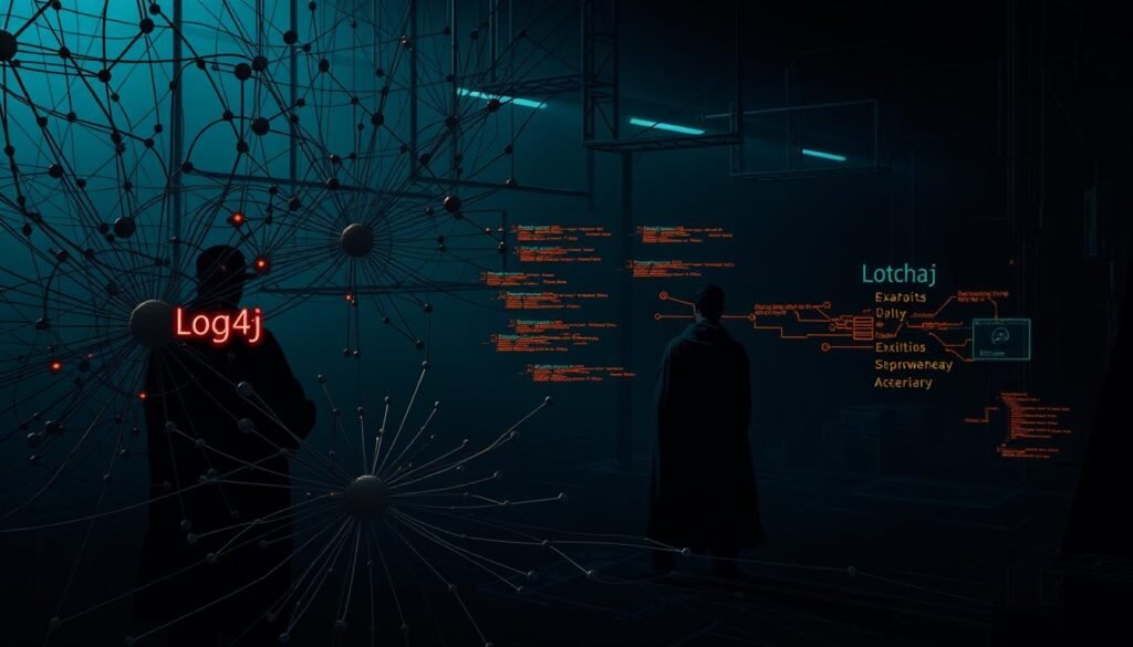 A dark, intricate diagram depicting the Log4j vulnerability. In the foreground, a complex web of interconnected nodes and lines representing the Log4j logging library, with one node pulsing ominously. In the middle ground, a series of stylized exploits and attack vectors breach the system, represented by glowing, jagged lines. The background is shrouded in an ominous, moody atmosphere, with shadowy figures and ominous shapes hinting at the widespread impact of the vulnerability. The whole scene is illuminated by a harsh, directional light, casting sharp shadows and emphasizing the technical complexity and gravity of the issue. A dark, intricate diagram depicting the Log4j vulnerability. In the foreground, a complex web of interconnected nodes and lines representing the Log4j logging library, with one node pulsing ominously. In the middle ground, a series of stylized exploits and attack vectors breach the system, represented by glowing, jagged lines. The background is shrouded in an ominous, moody atmosphere, with shadowy figures and ominous shapes hinting at the widespread impact of the vulnerability. The whole scene is illuminated by a harsh, directional light, casting sharp shadows and emphasizing the technical complexity and gravity of the issue.