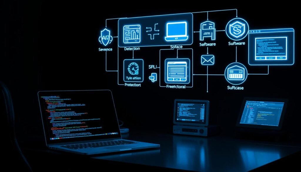 A dark, minimalist workspace with an array of cybersecurity tools and devices displayed on a sleek, metallic desk. In the foreground, a laptop screen shows a complex SQL query, hinting at the threat of SQL injection attacks. Hovering above the desk, a holographic display showcases various SQL injection detection and prevention software, their interfaces illuminating the workspace with a soft, blue glow. The background is shrouded in shadows, emphasizing the seriousness and importance of the task at hand - safeguarding digital assets from the dangers of SQL injection.