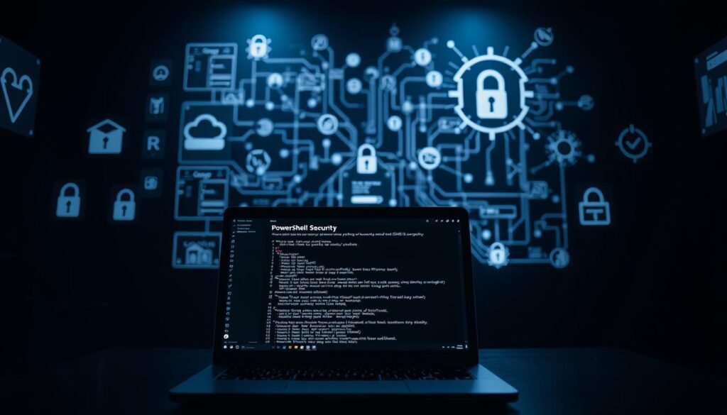 A dark, minimalistic digital workspace showcasing an array of PowerShell security tools. In the foreground, a laptop displays a terminal interface with PowerShell commands and scripts. Surrounding it, various security-focused icons and symbols float in a dimly lit, monochromatic environment, creating an atmosphere of technical sophistication and vigilance. In the background, a network diagram or cybersecurity visualization adds depth and complexity to the scene. Dramatic lighting casts shadows and highlights the tools, conveying a sense of seriousness and purpose in protecting against PowerShell-based threats. A dark, minimalistic digital workspace showcasing an array of PowerShell security tools. In the foreground, a laptop displays a terminal interface with PowerShell commands and scripts. Surrounding it, various security-focused icons and symbols float in a dimly lit, monochromatic environment, creating an atmosphere of technical sophistication and vigilance. In the background, a network diagram or cybersecurity visualization adds depth and complexity to the scene. Dramatic lighting casts shadows and highlights the tools, conveying a sense of seriousness and purpose in protecting against PowerShell-based threats.