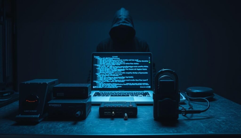 A dark, minimalistic setup featuring an array of hacking tools arranged on a metallic workbench. In the foreground, sleek cybersecurity devices like a network sniffer, penetration testing device, and a hardware security key stand prominently. The middle ground showcases a laptop with lines of code scrolling across the screen, creating an ominous atmosphere. In the background, a shadowy silhouette of a cloaked figure stands, symbolizing the technical expertise required for ethical hacking. The scene is bathed in a cool, bluish lighting, casting dramatic shadows and conveying a sense of focused, methodical work.