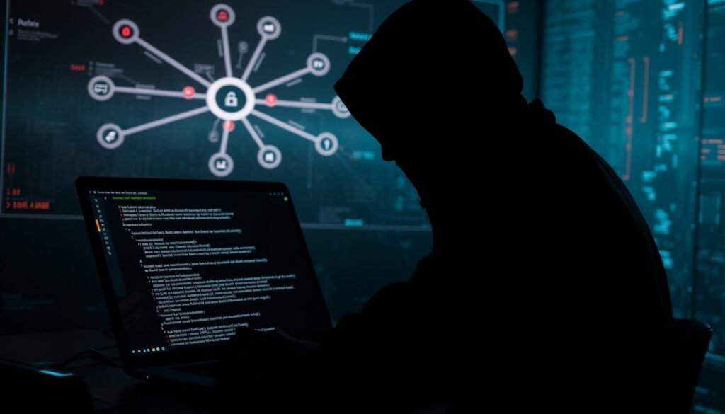 A dark, moody, and ominous scene of a malicious PowerShell attack. In the foreground, a shadowy figure operates a laptop, lines of menacing PowerShell code reflected on the screen. In the middle ground, a network diagram with interconnected devices and servers, hinting at the broader scope of the attack. In the background, an unsettling, glitchy landscape of corrupted, pixelated data, symbolizing the evasion and obfuscation tactics employed. Dramatic chiaroscuro lighting creates a sense of tension and unease. Captured with a wide-angle lens to convey the scale and impact of the attack techniques. A dark, moody, and ominous scene of a malicious PowerShell attack. In the foreground, a shadowy figure operates a laptop, lines of menacing PowerShell code reflected on the screen. In the middle ground, a network diagram with interconnected devices and servers, hinting at the broader scope of the attack. In the background, an unsettling, glitchy landscape of corrupted, pixelated data, symbolizing the evasion and obfuscation tactics employed. Dramatic chiaroscuro lighting creates a sense of tension and unease. Captured with a wide-angle lens to convey the scale and impact of the attack techniques.