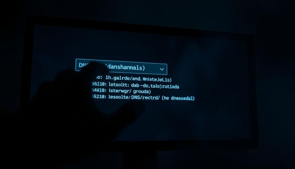 A dark, moody, and suspenseful scene of a computer screen displaying a domain name and DNS settings. The foreground shows a hand reaching towards the screen, casting a long, ominous shadow. In the middle ground, the domain name and DNS records are prominently displayed, highlighting the "dangling" nature of the unresolved DNS configuration. The background is shrouded in a gloomy, hazy atmosphere, suggesting a sense of vulnerability and potential exploitation. The lighting is dramatic, with deep shadows and highlights that accentuate the technical details and the underlying threat. The overall composition conveys the severity and importance of detecting and addressing dangling DNS issues, as a crucial step in preventing subdomain takeover attacks. A dark, moody, and suspenseful scene of a computer screen displaying a domain name and DNS settings. The foreground shows a hand reaching towards the screen, casting a long, ominous shadow. In the middle ground, the domain name and DNS records are prominently displayed, highlighting the "dangling" nature of the unresolved DNS configuration. The background is shrouded in a gloomy, hazy atmosphere, suggesting a sense of vulnerability and potential exploitation. The lighting is dramatic, with deep shadows and highlights that accentuate the technical details and the underlying threat. The overall composition conveys the severity and importance of detecting and addressing dangling DNS issues, as a crucial step in preventing subdomain takeover attacks.