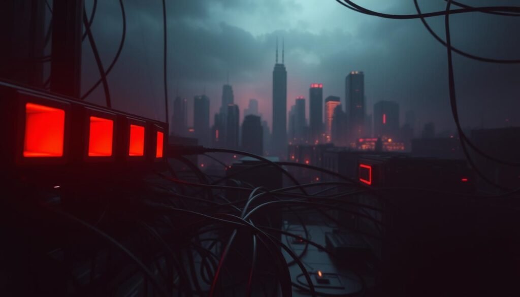 A dark, moody, cinematic illustration of common vulnerable network ports. In the foreground, a series of glowing TCP/UDP ports in shades of red and orange, their openings appearing ominous and foreboding. In the middle ground, a complex network topology of interconnected devices and cables, casting long, dramatic shadows. In the background, a hazy, ominous cityscape shrouded in a cyberpunk atmosphere, with skyscrapers and infrastructure silhouetted against a moody, neon-tinged sky. The overall scene conveys a sense of potential threats and the importance of securing these vulnerable access points. A dark, moody, cinematic illustration of common vulnerable network ports. In the foreground, a series of glowing TCP/UDP ports in shades of red and orange, their openings appearing ominous and foreboding. In the middle ground, a complex network topology of interconnected devices and cables, casting long, dramatic shadows. In the background, a hazy, ominous cityscape shrouded in a cyberpunk atmosphere, with skyscrapers and infrastructure silhouetted against a moody, neon-tinged sky. The overall scene conveys a sense of potential threats and the importance of securing these vulnerable access points.