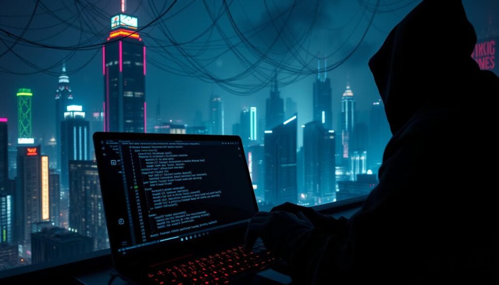A dark, moody cyberpunk cityscape at night, with neon-lit skyscrapers and a dense web of data streams and security protocols floating in the air. In the foreground, a hacker's terminal displays lines of code and SQL statements, their hands skillfully navigating the interface to defend against a sinister, shadowy figure attempting to breach the system. The background is hazy, with a sense of impending danger and the weight of digital threats looming. Dramatic lighting, high-contrast shadows, and a color palette of blues, purples, and greens create an intense, ominous atmosphere, conveying the importance of robust SQL injection prevention measures.