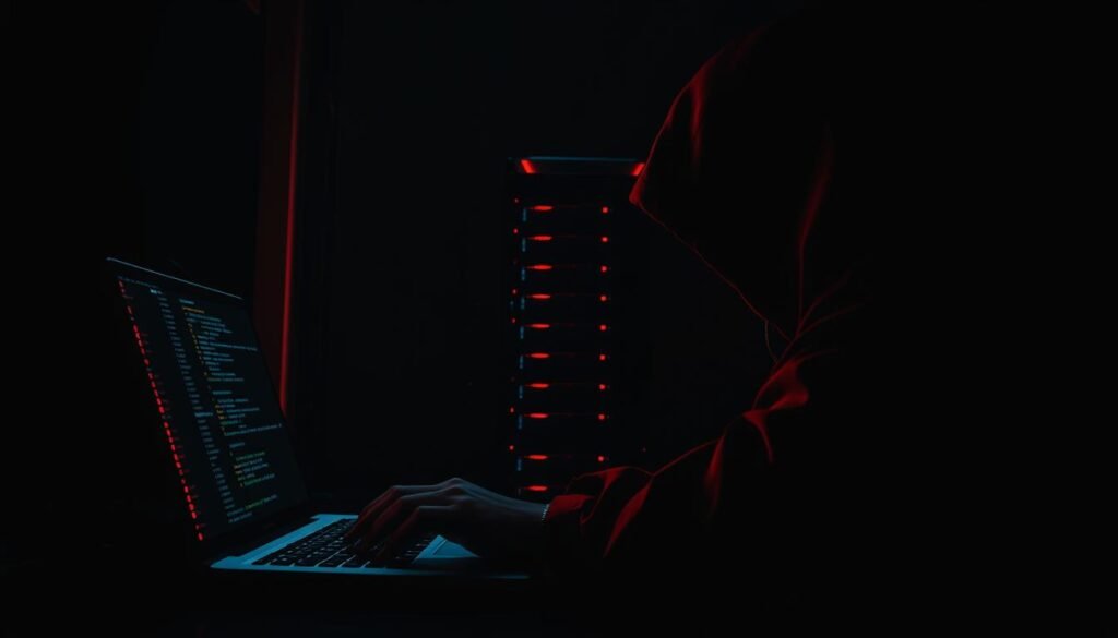 A dark, moody cybersecurity scene depicting a red team hacker exploiting a misconfigured server. In the foreground, a hooded figure hunched over a laptop, fingers flying across the keyboard as lines of code cascade across the screen. Ominous red lights cast an eerie glow, creating dramatic shadows that suggest the hacker's clandestine activities. In the middle ground, a server rack stands like a looming, vulnerable monolith, its exposed configuration parameters hinting at the weak points that will be ruthlessly probed. The background is shrouded in deep shadows, heightening the sense of secrecy and tension. The overall atmosphere is one of tense, high-stakes infiltration, where the red team's expertise will be put to the test against the flaws of an improperly secured system.